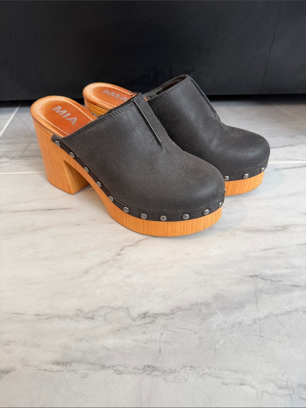 MIA Black Leather Studded Platform Clogs with Wood Heel